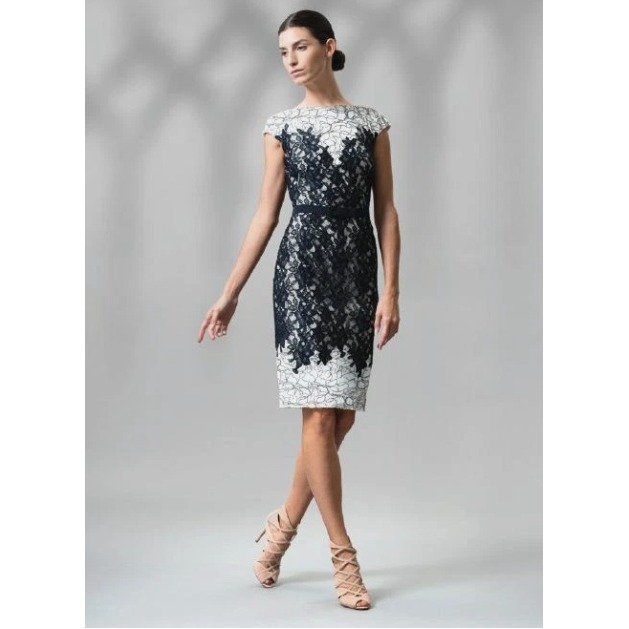 Tadashi Shoji Black White Floral Lace Dress Cap Sleeve Sheath Ribbon Belt 2p